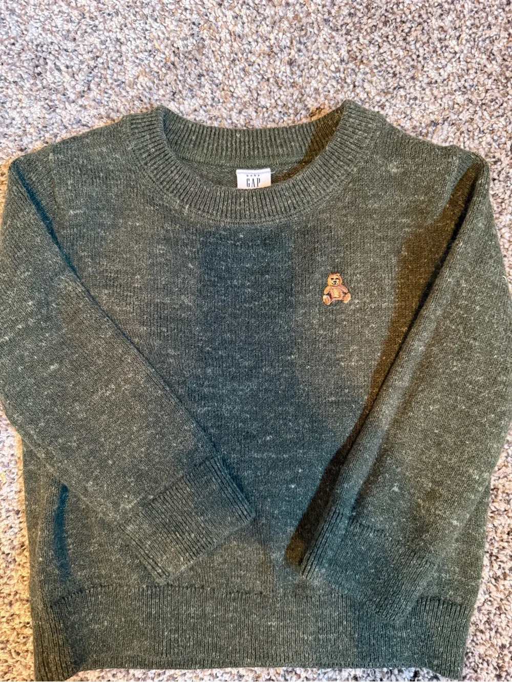 GAP Olive Green Crewneck Sweater with Teddy Bear Patch